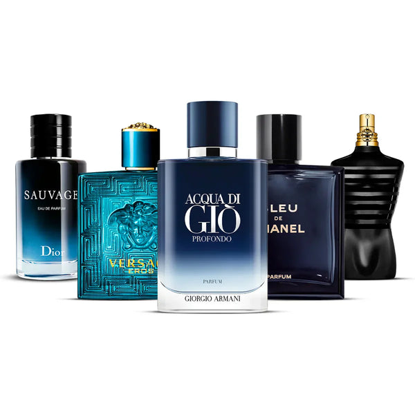 Pack 5 Perfumes: Dior Sauvage, Versace Eros, Giorgio Armani Acqua di Giò Profondo, Chanel Bleu de Chanel & Jean Paul Gaultier Le Male 5×100 ml