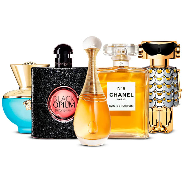 Pack 5 Perfumes: Versace Dylan Turquoise, Yves Saint Laurent Black Opium, Dior J’adore, Chanel Nº5 & Rabanne Fame 5×100 ml