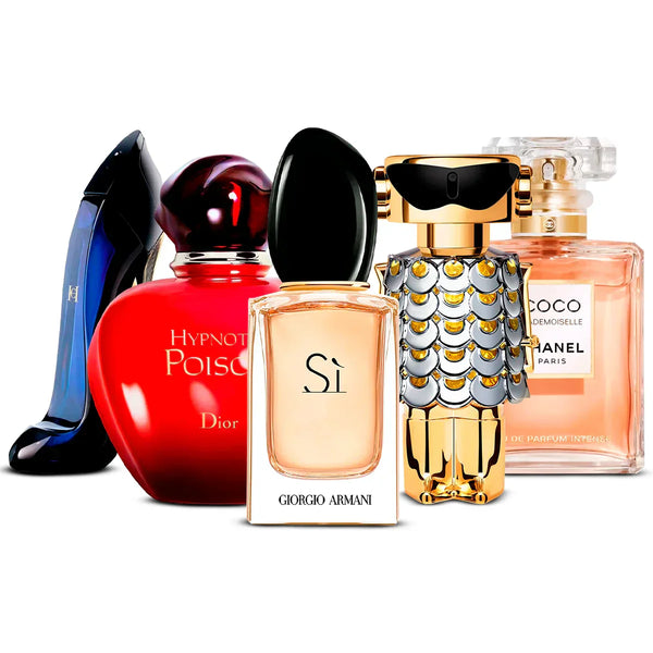 Pack 5 Perfumes: Carolina Herrera Good Girl, Dior Hypnotic Poison, Giorgio Armani Sì, Rabanne Fame & Chanel Coco Mademoiselle 5×100 ml