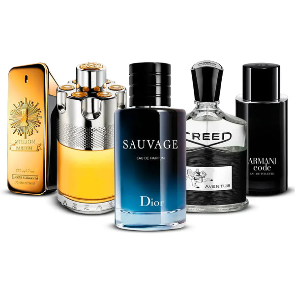 Pack 5 Perfumes: Paco Rabanne 1 Million Parfum, Azzaro Wanted, Dior Sauvage, Creed Aventus & Armani Code 5×100 ml