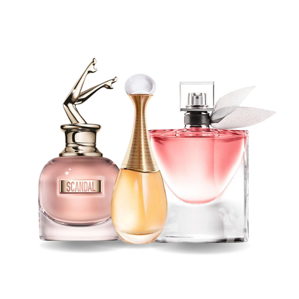 3 Perfume Set: Jean Paul Gaultier SCANDAL, Dior J'ADORE & Lancôme LA VIE EST BELLE (Eau de Parfum)